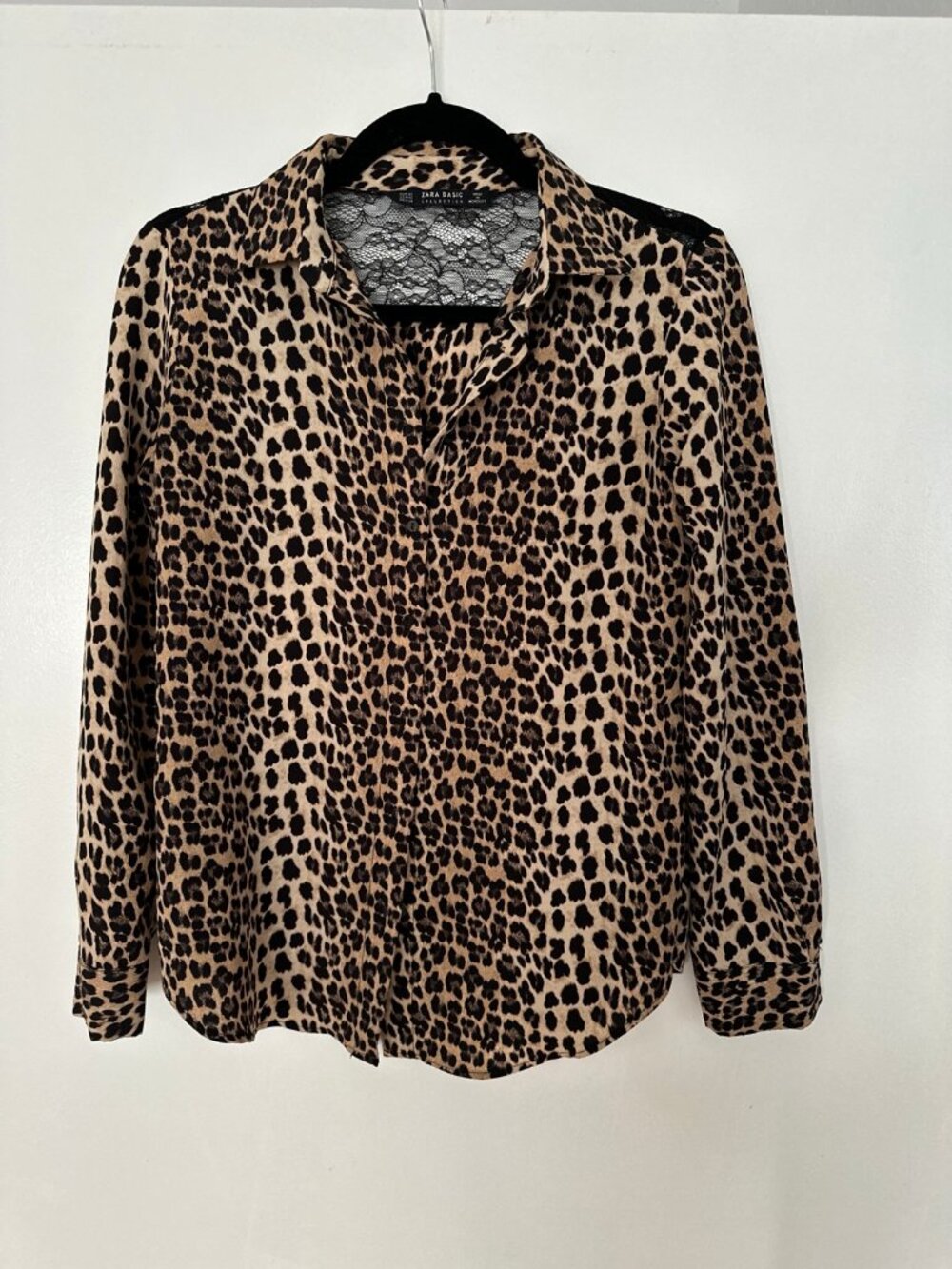 Zara Basic Leopard Print Blouse Black Lace Back Panel Long Sleeve Button Up XS